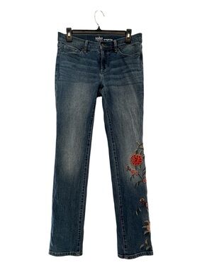 Soho Jeans Embroidered Straight-Leg Jeans in Dark Blue with Red Floral Detail 4